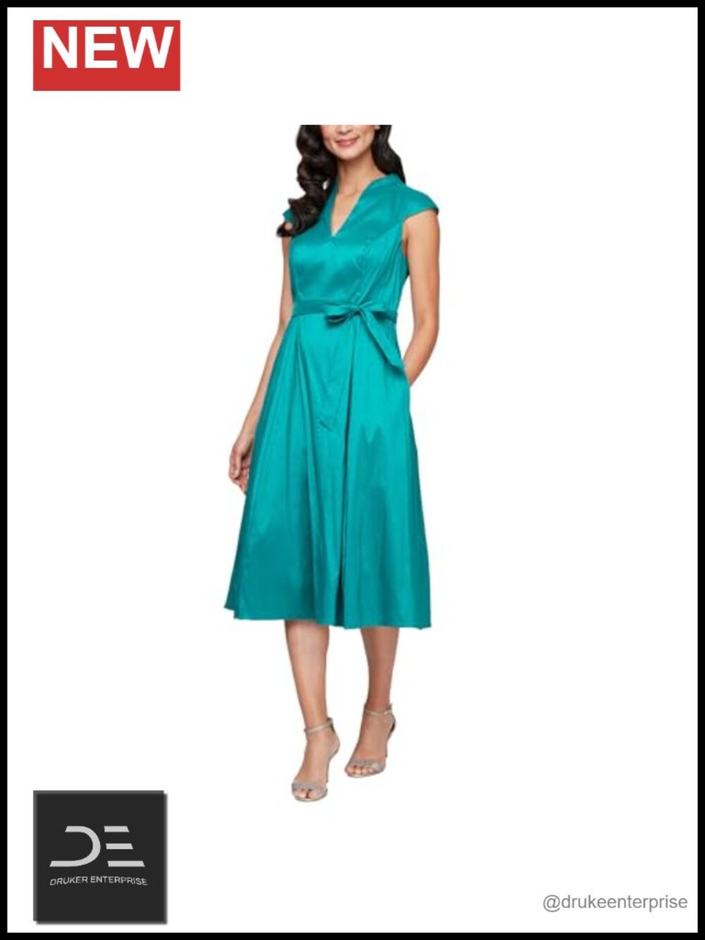 Stretch Taffeta A-Line Midi Dress with Pockets Wedding Guest